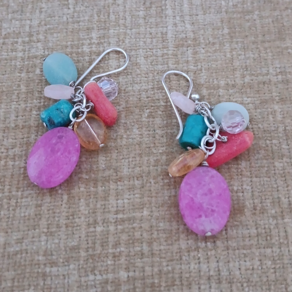 Silver Tone Multi Colored Beaded Dangle Earrings - image 2